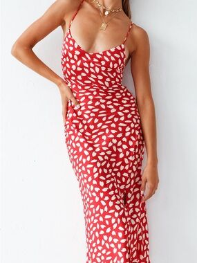 Fortunate One New Flight Midi Dress Red White Print Lace-Up Back Size M Like New